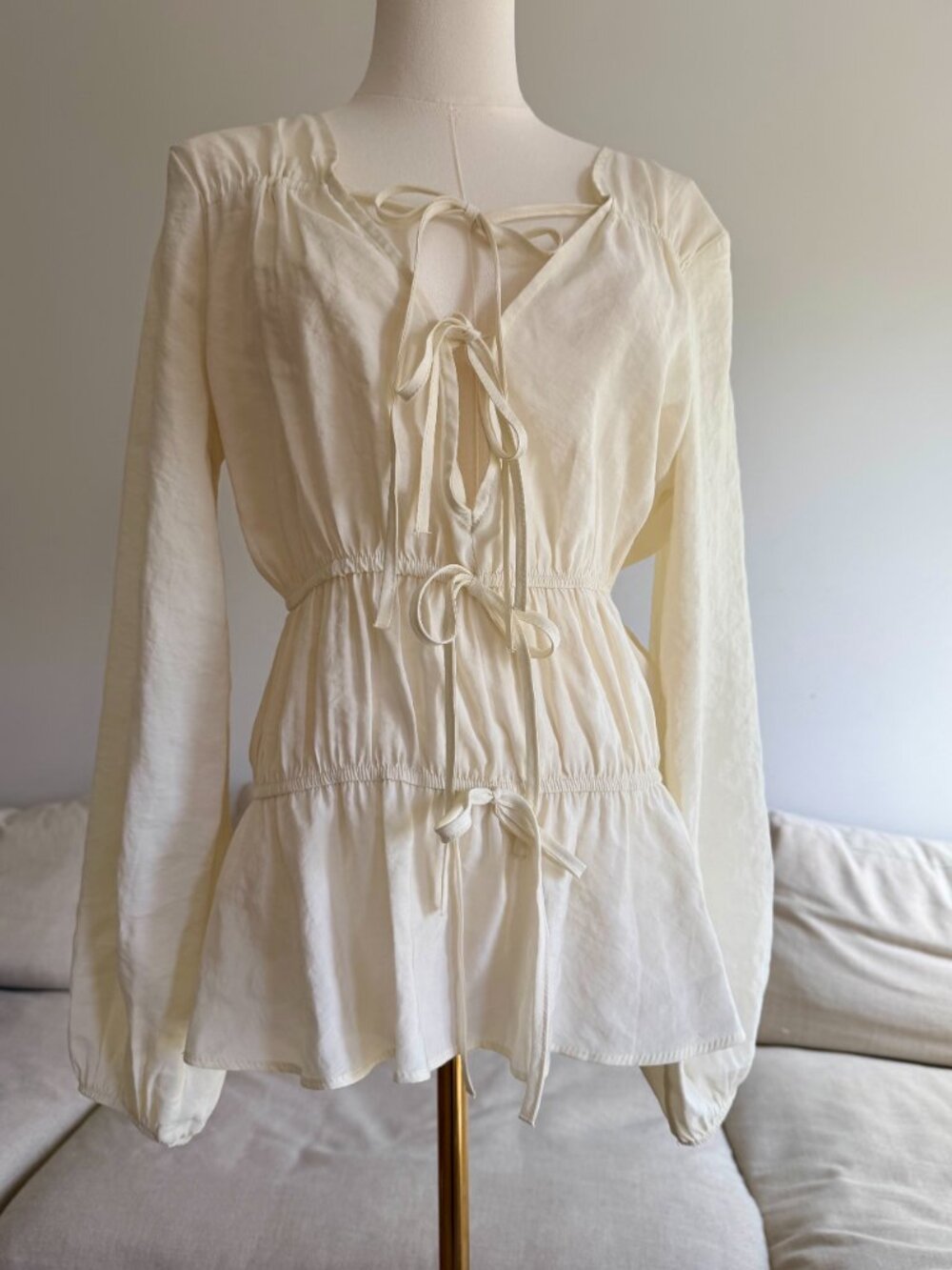 Topshop Cream Boho Peplum Blouse Size 2 / UK 6 Lightweight Tie Front